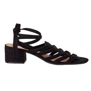 Scoop Black Faux Suede Strappy Wrap Around Ankle Block Heel Sandals